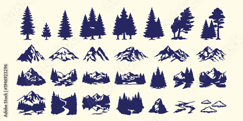 Mountain and pine forest silhouettes, outdoor adventure nature background art, wilderness hiking and climbing vector, alpine landscape forest seamless texture, mountain summit and peak silhouette, for