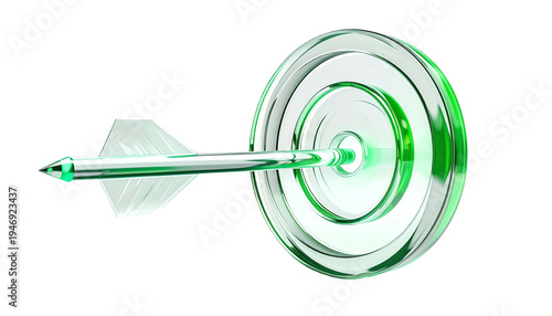 Shiny, green-tinted dart has just hit the center of a glassy target on a black background