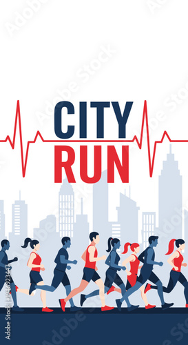 Energetic City Run: Urban Fitness Event Featuring Diverse Runners in a Vibrant Cityscape