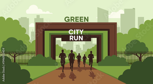 Energetic City Runners Approaching Gateway To A Lush Green Urban Oasis