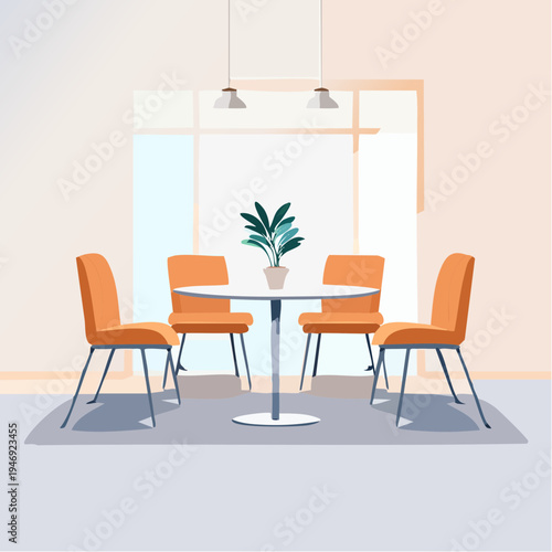 Modern dining room interior with four orange chairs and a round table