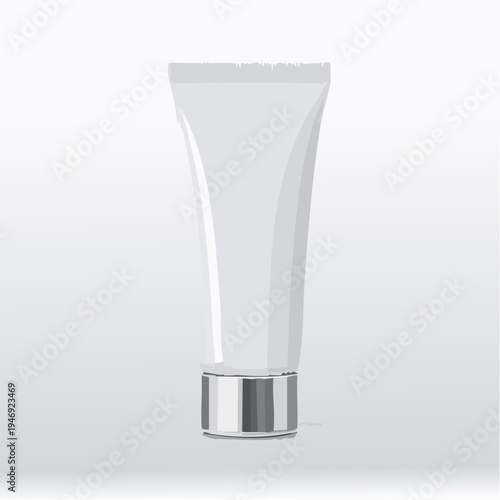 White cosmetic tube with a silver cap, isolated on a light gray background