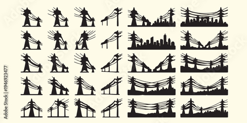 High voltage power line silhouettes, industrial electricity pylon pattern art, electrical energy infrastructure vector, power plant and grid background, industrial utility power line silhouette, globa