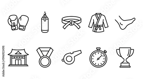A clean line art collection of icons representing martial arts and sports, including boxing gloves, punching bag, belt, gi, foot, dojo, medal, whistle, stopwatch, and trophy.