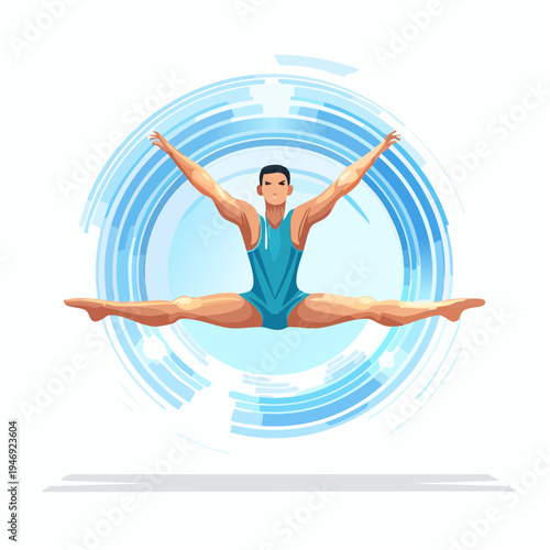 Young male gymnast performing a split leap with arms outstretched in a dynamic pose