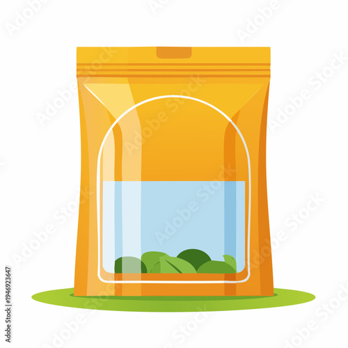 Vibrant yellow stand-up pouch with transparent window showcasing fresh green leaves, ideal for organic food packaging design concepts