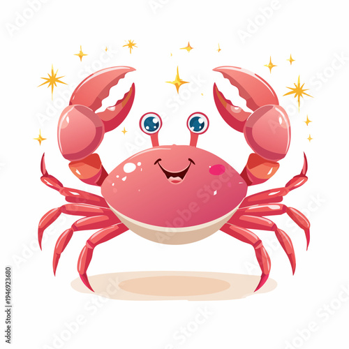 Adorable sparkling pink cartoon crab character with a cheerful smile, an enchanting marine creature for joyful designs