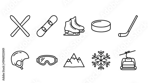 A clean line art collection of winter sports icons including skis, snowboard, ice skates, hockey stick, puck, helmet, goggles, mountains, snowflake, and ski lift.