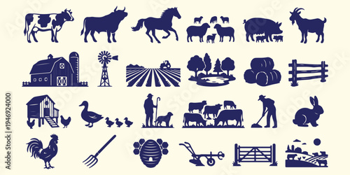 farm animal silhouettes set, livestock vector collection, rural farm animals icons, agriculture animal bundle, domestic animals silhouettes, countryside animal shapes, black farm animals