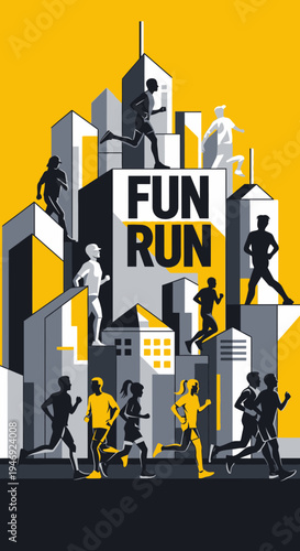 Energetic Fun Run Event Featuring Silhouetted Runners Navigating an Urban Landscape