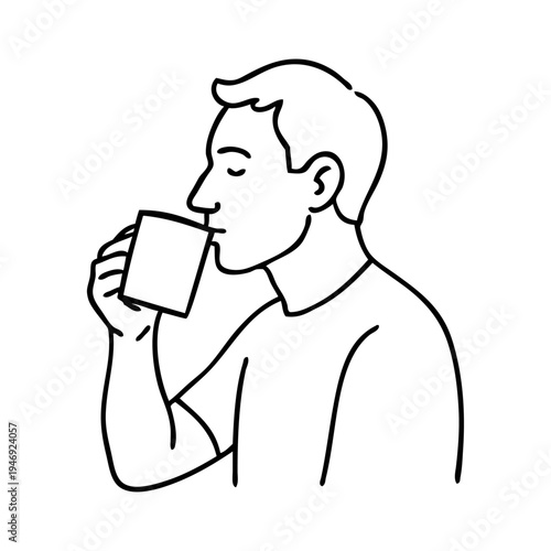 Dibujo sencillo con líneas de un hombre con camiseta de manga corta de pie bebiendo una taza de café