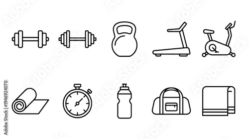Clean, simple line art icons representing various fitness equipment like dumbbells, kettlebells, treadmills, and gym bags on a white background.