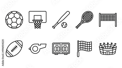 A collection of clean, black and white outline icons representing various sports equipment and venues, perfect for digital and print design projects related to athletics.
