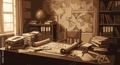 Vintage Study Room with Maps and Books.