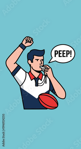 Energetic Referee Signals Play Stoppage With Whistle and Ball in Vibrant Illustrated Style