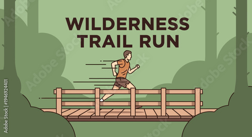 Energetic Runner Crossing Wooden Bridge During Wilderness Trail Run Illustration