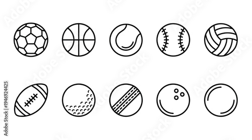 A clean, flat design collection of diverse sports balls icons, including soccer, basketball, tennis, baseball, volleyball, rugby, golf, cricket, and bowling, on a white background.