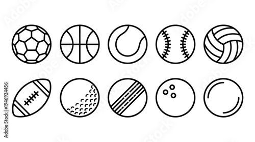 A clean line art collection of various sports balls including soccer, basketball, tennis, baseball, volleyball, football, golf, bowling, and more on a white background.