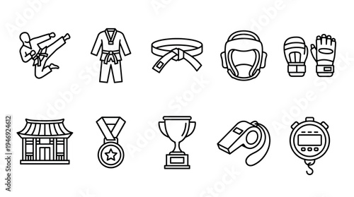 A collection of line art icons representing martial arts and sports, including a fighter, uniform, belt, headgear, gloves, dojo, medal, trophy, whistle, and stopwatch.