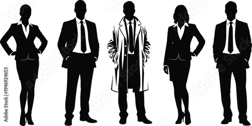 Business people silhouettes standing together, professional men and women in formal suits isolated on white background representing corporate teamwork