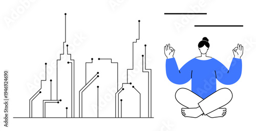 Smart cities, mindfulness, technology balance, digital wellness, urban innovation, futuristic living. Abstract cityscape with tech lines and meditating woman. Smart cities and mindfulness balance