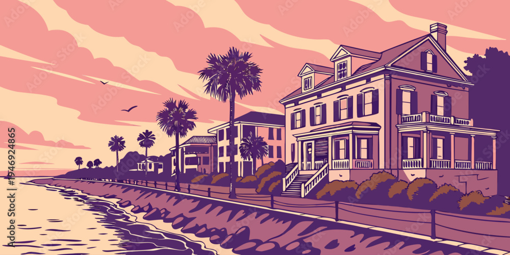 Fototapeta premium USA, US, U.S, United States - Charleston Pastel Historic Houses at Sunset – Southern Coastal Charm and Scenic Lowcountry Panorama in the United States