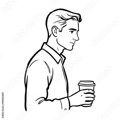 Dibujo sencillo con líneas de un hombre con camisa de manga larga de pie sujetando un vaso de papel con café en la mano