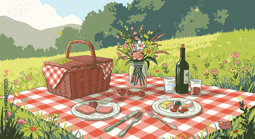 Picnic Setup in a Serene Meadow Scene.