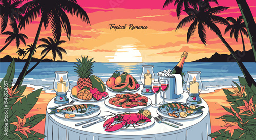 Tropical Beach Dinner Sunset Table Setting.