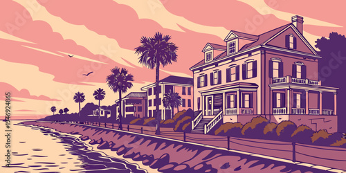 USA, US, U.S, United States - Charleston Pastel Historic Houses at Sunset – Southern Coastal Charm and Scenic Lowcountry Panorama in the United States