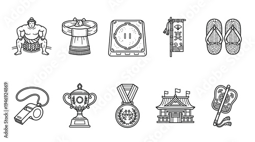 This black and white vector illustration features ten icons related to sumo wrestling, including a wrestler, mawashi, dohyo, banner, sandals, whistle, trophy, medal, dojo, and fan.