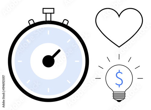 Productivity, time management, financial planning, innovation, goal setting, work-life balance. Stopwatch, heart and light bulb with dollar sign. Time management and financial planning theme