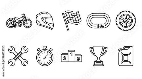A clean black and white outline icon set depicting various elements of motorcycle racing, including a motorcycle, helmet, checkered flag, track, tire, and tools.