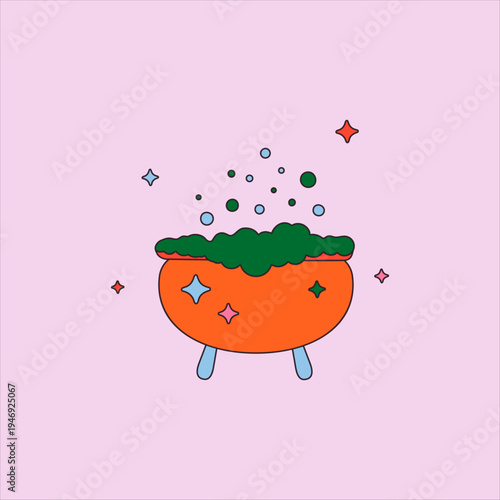 Children's cartoon doodle for Halloween in bright colors. Cauldron with potion, witchcraft, magic, mysticism, scary, creepy cauldron with stars, illustration, postcard, design, textile print.