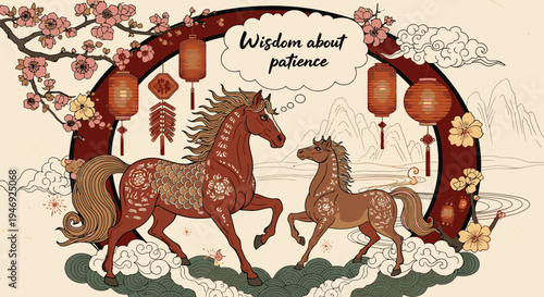 Two Horses Running Through Floral Archway.