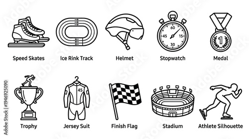 A clean and modern set of outline icons representing various winter and track and field sports elements, ideal for design projects.