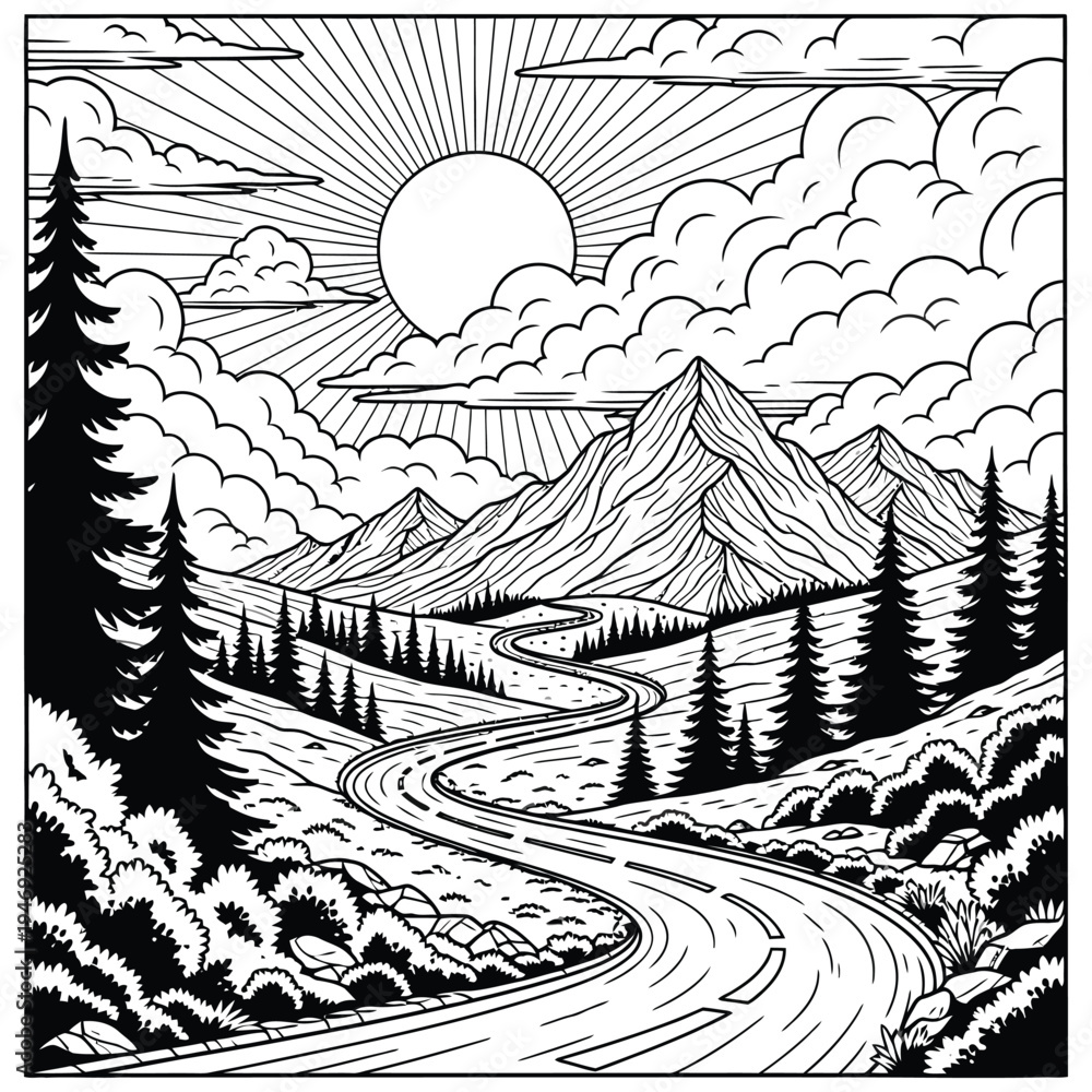 Fototapeta premium Serene mountain landscape with silhouette of trees and winding road at sunset