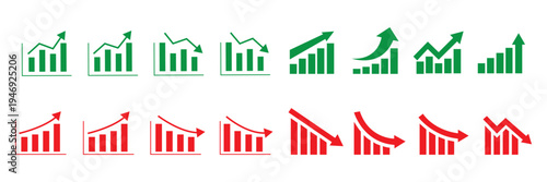 Stock market trend up and down arrows, financial graphs, and business investment growth and loss arrow, graph going up and down symbol with green and red arrows, vector illustration