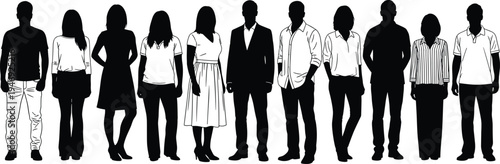 Diverse people standing silhouettes collection, men and women in casual and business clothing isolated on white background representing society