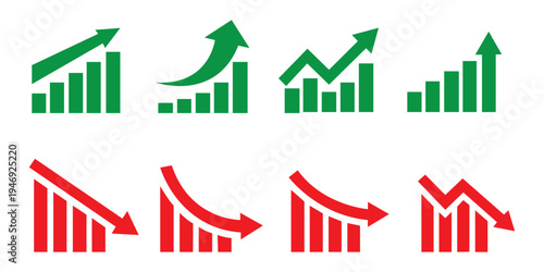 Stock market trend up and down arrows, financial graphs, and business investment growth and loss arrow, graph going up and down symbol with green and red arrows, vector illustration
