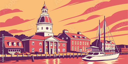 USA, US, U.S, United States - Annapolis Historic Harbor Sunset Panorama – Colonial Waterfront Architecture and Classic American Charm in the United States
