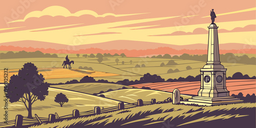 USA, US, U.S, United States - Gettysburg National Military Park Sunset Panorama – Rolling Battlefield Landscape and Historic Monuments in the United States