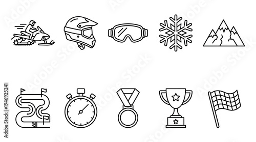 A collection of clean line art icons depicting winter sports and racing elements including a snowmobile, helmet, goggles, snowflake, mountains, track, stopwatch, medal, trophy, and checkered flag.