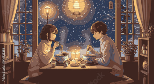 warm and calm atmosphere indoors on a snowy winter night