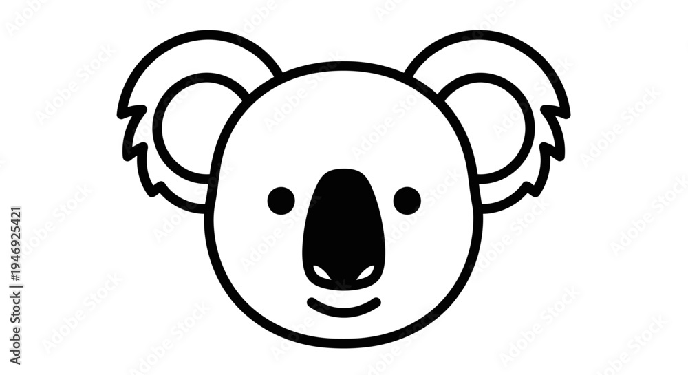 Fototapeta premium A simple black and white line art illustration of a cute koala face with big ears and a large nose, depicted in a cartoon style.