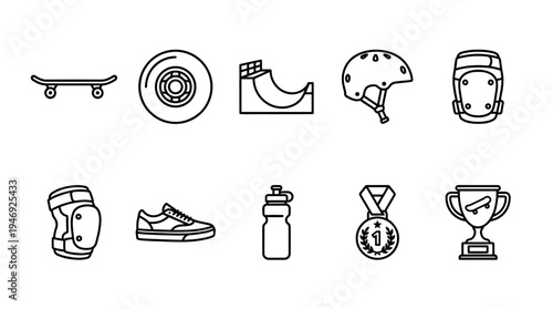 A clean line art set of skateboarding icons including a skateboard, ramp, helmet, protection gear, shoe, water bottle, medal, and trophy.