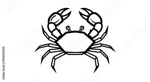 A black and white line art illustration of a crab with prominent claws and eyes, depicted from a top-down perspective on a plain white background.