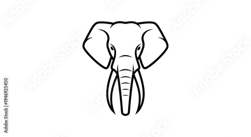 Minimalist black and white line art illustration of an elephant's head with large tusks, facing directly forward.