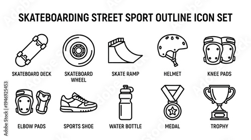 This is a black and white outline icon set featuring various elements related to skateboarding and street sports, including a skateboard, ramp, helmet, protective gear, shoes, water bottle, medal.