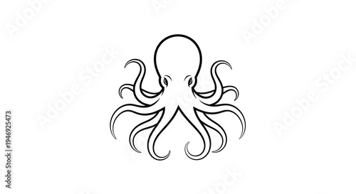 A black and white outline drawing of a stylized octopus with eight tentacles, depicted symmetrically on a white background.